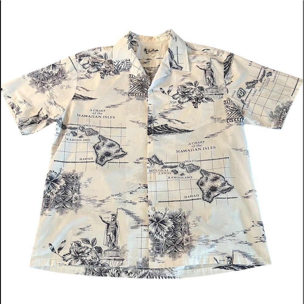 HOWIE - MENS WHITE AND NAVY COLORED HAWAIIAN BUTTON DOWN SHIRT EST SZ XL